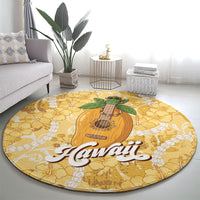 Hawaiian Mango Ukulele Round Carpet Retro Yellow Hibiscus Pikake Lei