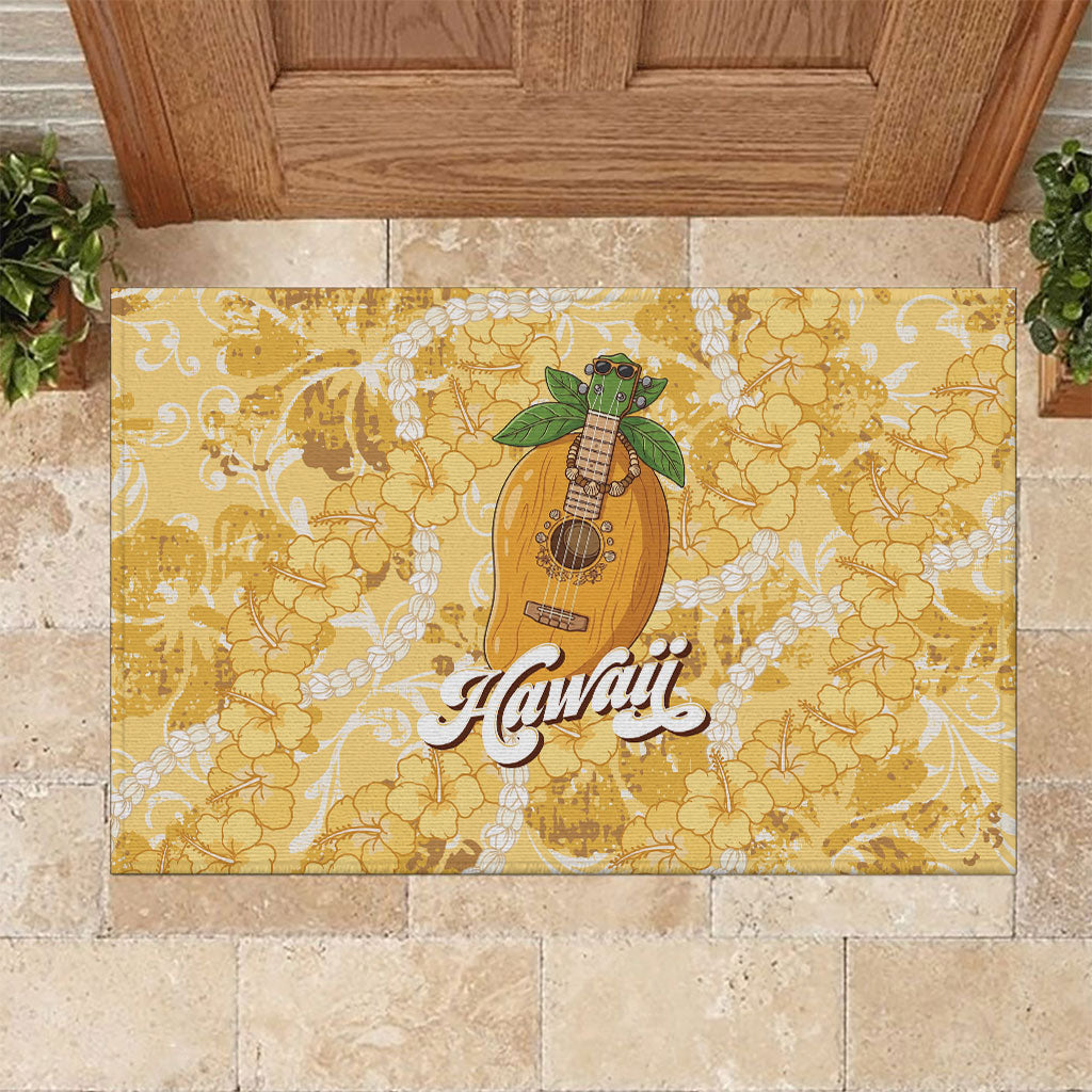 Hawaiian Mango Ukulele Rubber Doormat Retro Yellow Hibiscus Pikake Lei