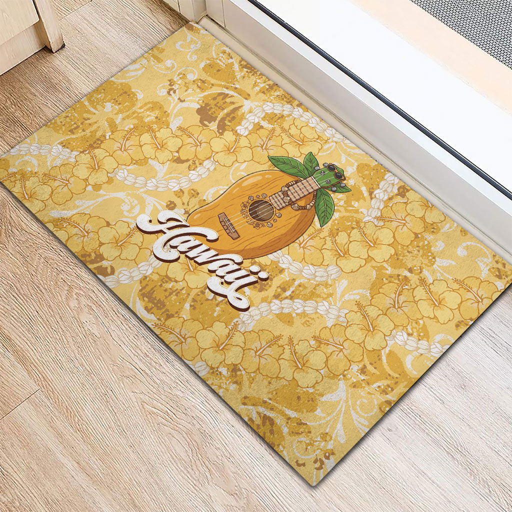 Hawaiian Mango Ukulele Rubber Doormat Retro Yellow Hibiscus Pikake Lei