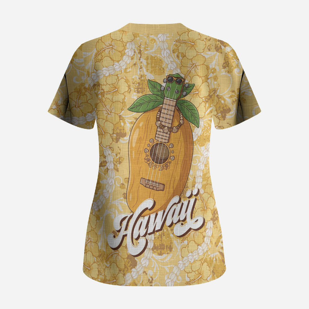 Hawaiian Mango Ukulele Scrub Top Retro Yellow Hibiscus Pikake Lei