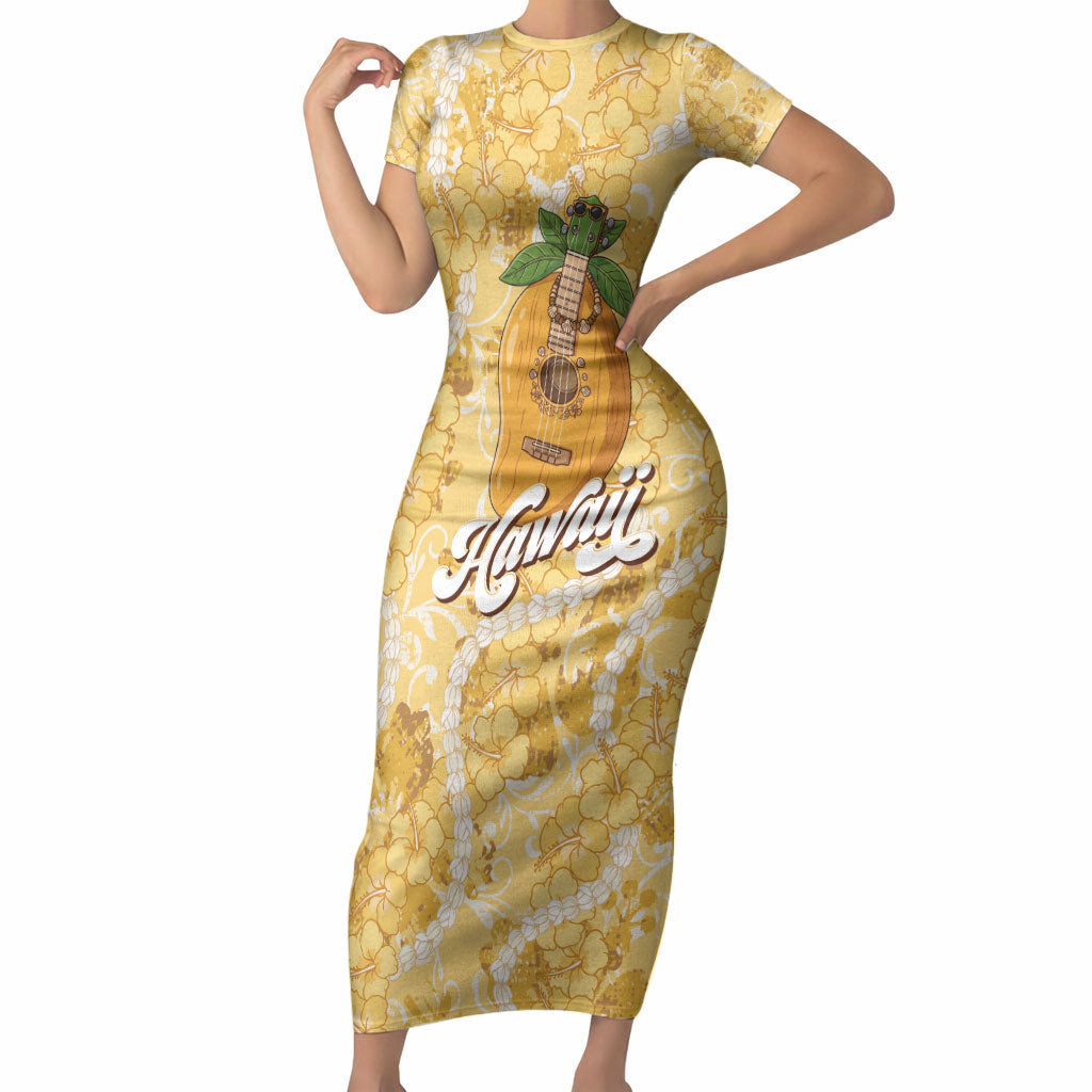 Hawaiian Mango Ukulele Short Sleeve Bodycon Dress Retro Yellow Hibiscus Pikake Lei