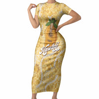 Hawaiian Mango Ukulele Short Sleeve Bodycon Dress Retro Yellow Hibiscus Pikake Lei