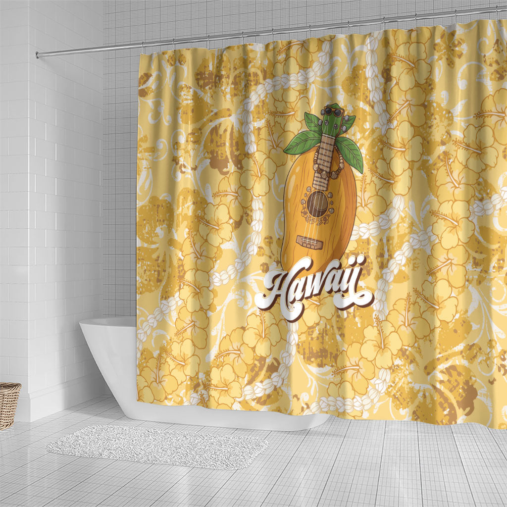 Hawaiian Mango Ukulele Shower Curtain Retro Yellow Hibiscus Pikake Lei
