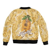 Hawaiian Mango Ukulele Sleeve Zip Bomber Jacket Retro Yellow Hibiscus Pikake Lei