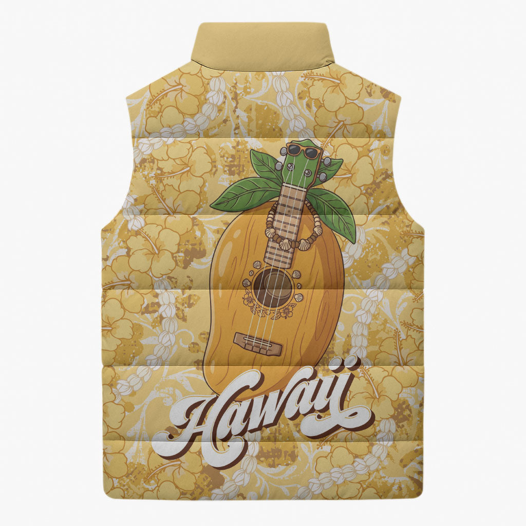 Hawaiian Mango Ukulele Sleeveless Puffer Jacket Retro Yellow Hibiscus Pikake Lei