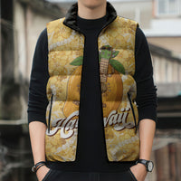 Hawaiian Mango Ukulele Sleeveless Puffer Jacket Retro Yellow Hibiscus Pikake Lei