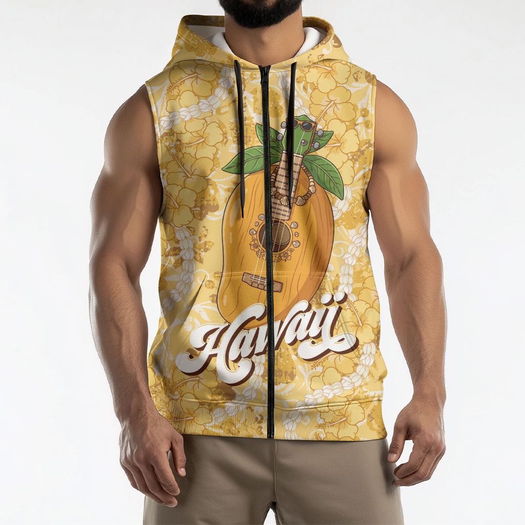 Hawaiian Mango Ukulele Sleeveless Zip Hoodie Retro Yellow Hibiscus Pikake Lei
