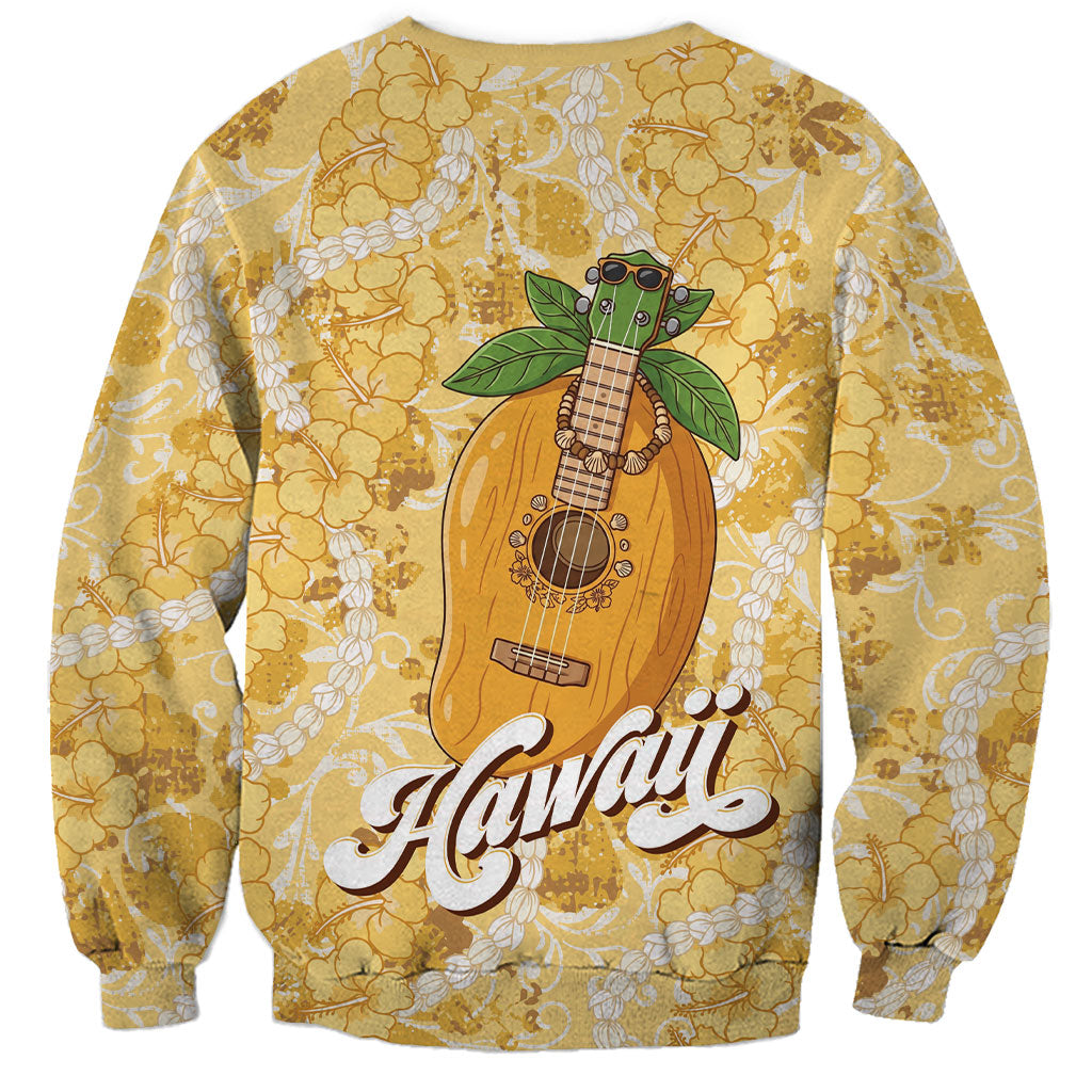 Hawaiian Mango Ukulele Sweatshirt Retro Yellow Hibiscus Pikake Lei