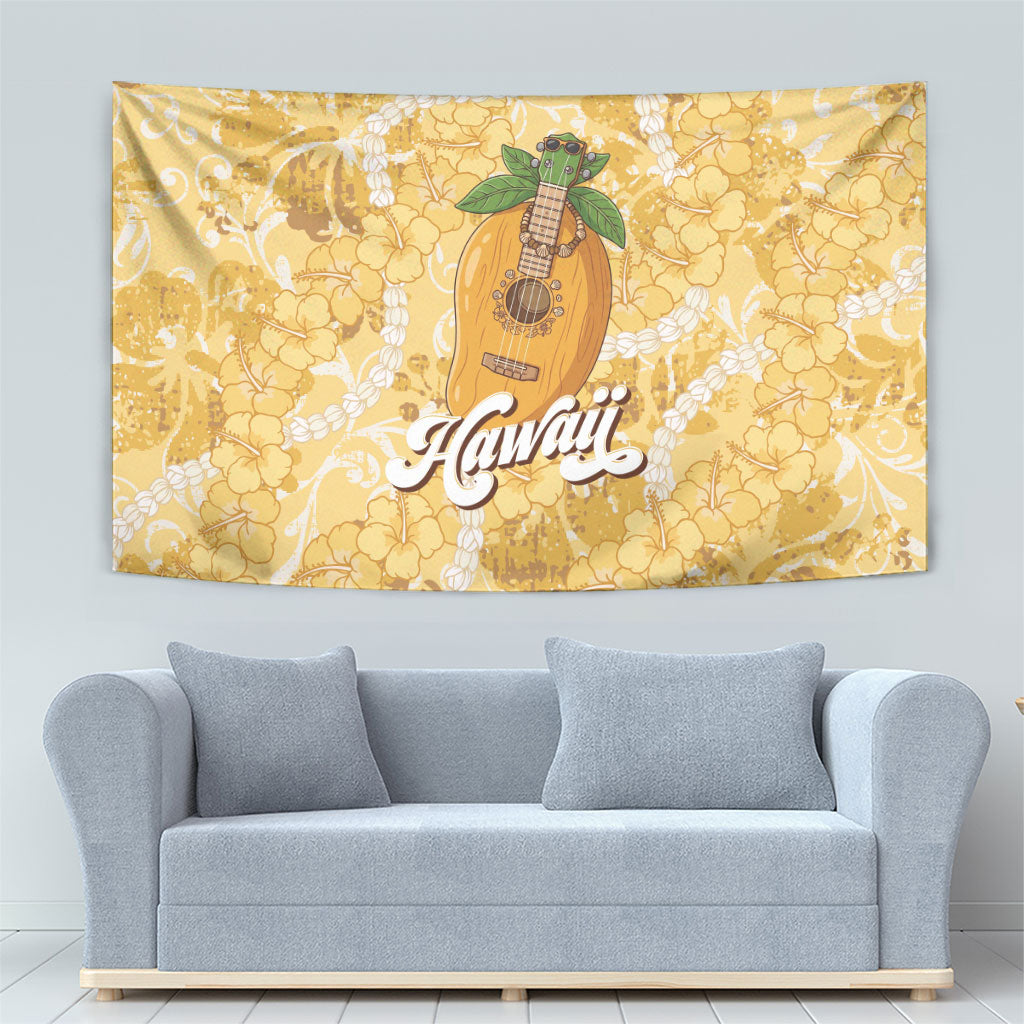 Hawaiian Mango Ukulele Tapestry Retro Yellow Hibiscus Pikake Lei