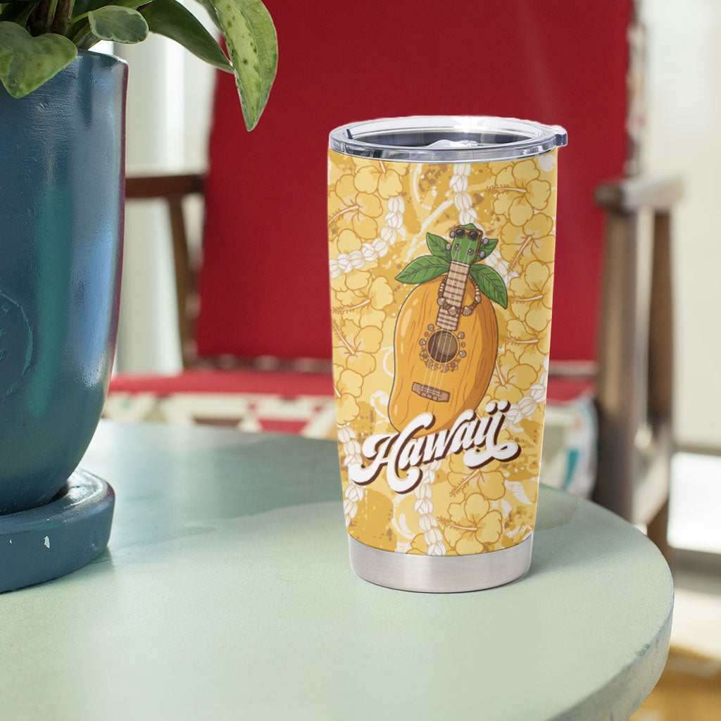 Hawaiian Mango Ukulele Tumbler Cup Retro Yellow Hibiscus Pikake Lei