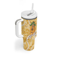 Hawaiian Mango Ukulele Tumbler With Handle Retro Yellow Hibiscus Pikake Lei