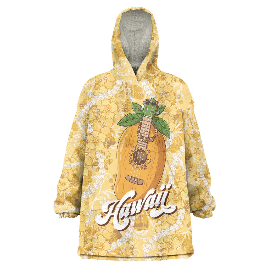 Hawaiian Mango Ukulele Wearable Blanket Hoodie Retro Yellow Hibiscus Pikake Lei