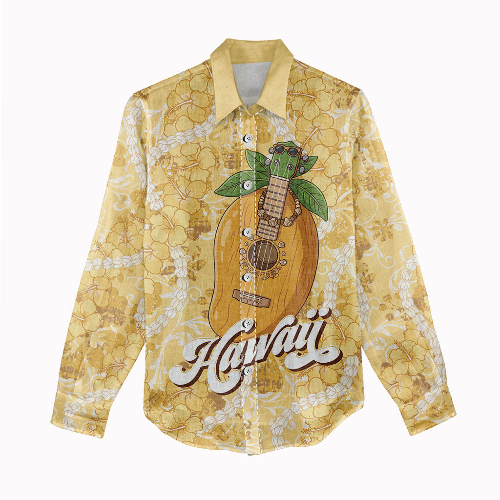 Hawaiian Mango Ukulele Women Casual Shirt Retro Yellow Hibiscus Pikake Lei