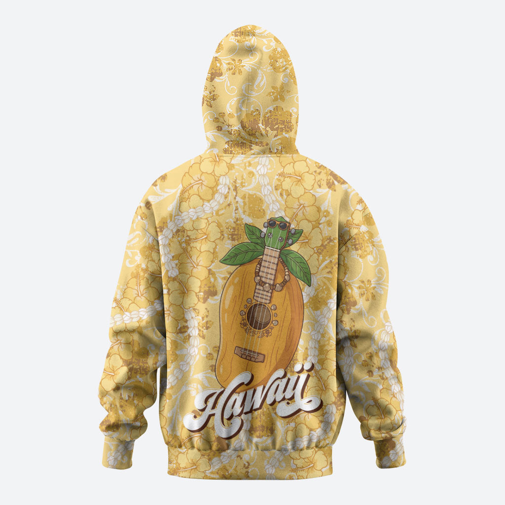 Hawaiian Mango Ukulele Zip Hoodie Retro Yellow Hibiscus Pikake Lei