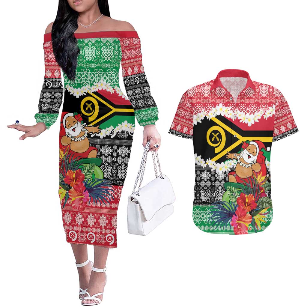 Personalised Vanuatu Joyeux Noel Couples Matching Off The Shoulder Long Sleeve Dress and Hawaiian Shirt Proud To Be a Ni-Van Sand Drawing Art LT9 Red - Polynesian Pride