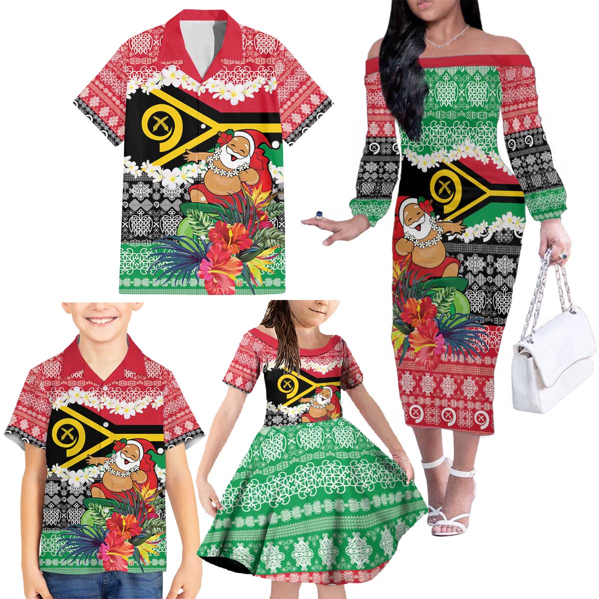 Personalised Vanuatu Joyeux Noel Family Matching Off The Shoulder Long Sleeve Dress and Hawaiian Shirt Proud To Be a Ni-Van Sand Drawing Art LT9 - Polynesian Pride