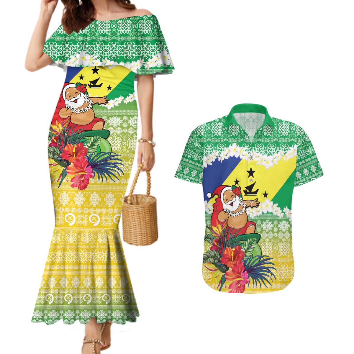 Personalised Malampa Joyeux Noel Couples Matching Mermaid Dress and Hawaiian Shirt Proud To Be a Ni-Van Sand Drawing Art LT9 Lime - Polynesian Pride