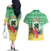 Personalised Malampa Joyeux Noel Couples Matching Off The Shoulder Long Sleeve Dress and Hawaiian Shirt Proud To Be a Ni-Van Sand Drawing Art LT9 - Polynesian Pride