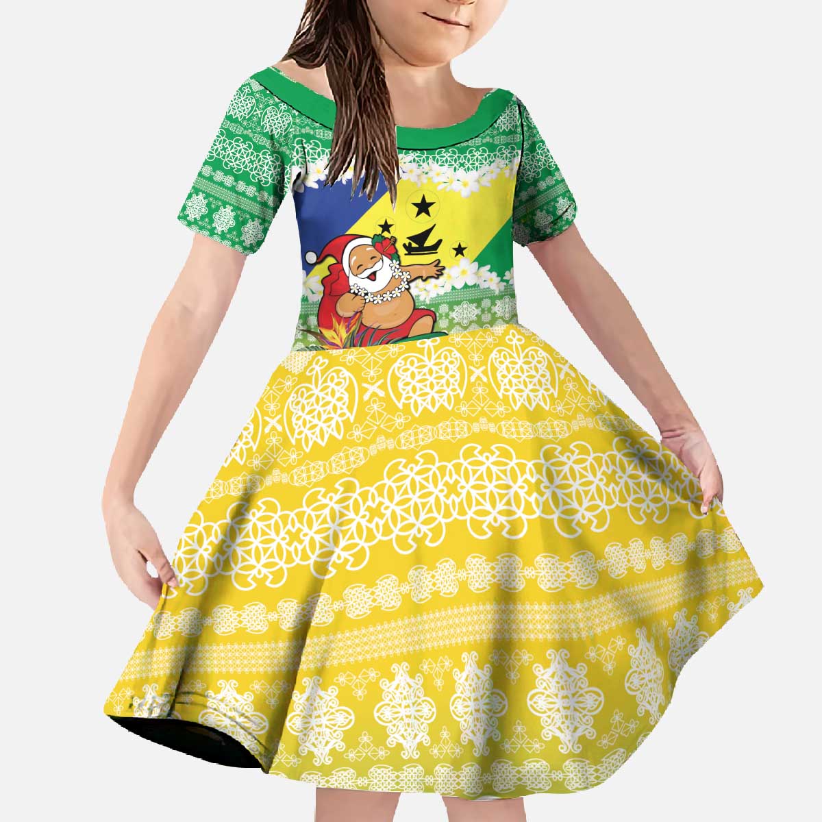 Personalised Malampa Joyeux Noel Family Matching Off The Shoulder Long Sleeve Dress and Hawaiian Shirt Proud To Be a Ni-Van Sand Drawing Art LT9 Daughter's Dress Lime - Polynesian Pride