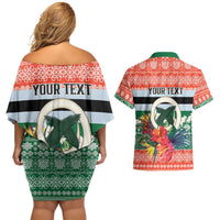 Personalised Penama Joyeux Noel Couples Matching Off Shoulder Short Dress and Hawaiian Shirt Proud To Be a Ni-Van Sand Drawing Art - Polynesian Pride