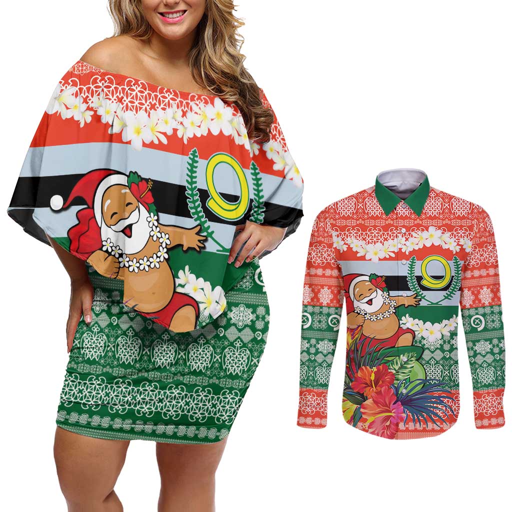 Personalised Penama Joyeux Noel Couples Matching Off Shoulder Short Dress and Long Sleeve Button Shirt Proud To Be a Ni-Van Sand Drawing Art LT9 Red - Polynesian Pride