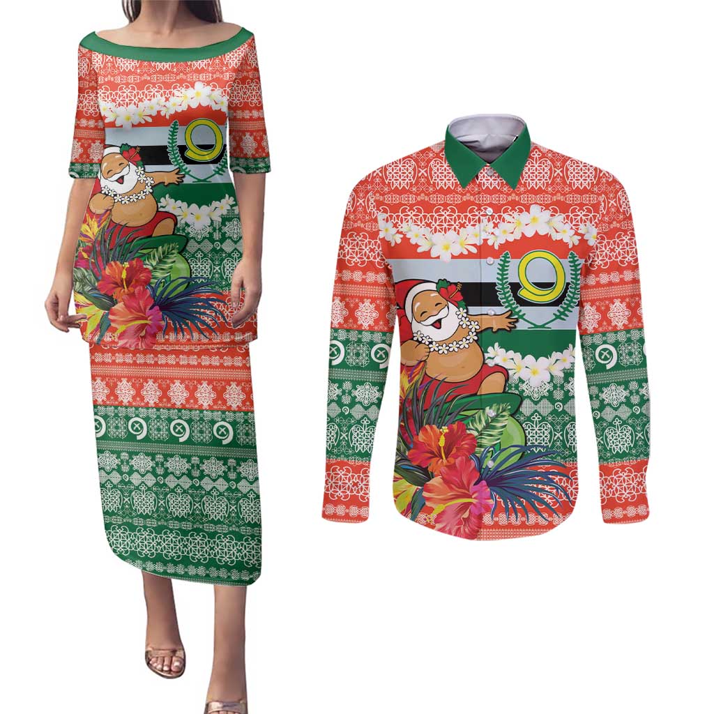 Personalised Penama Joyeux Noel Couples Matching Puletasi and Long Sleeve Button Shirt Proud To Be a Ni-Van Sand Drawing Art - Polynesian Pride