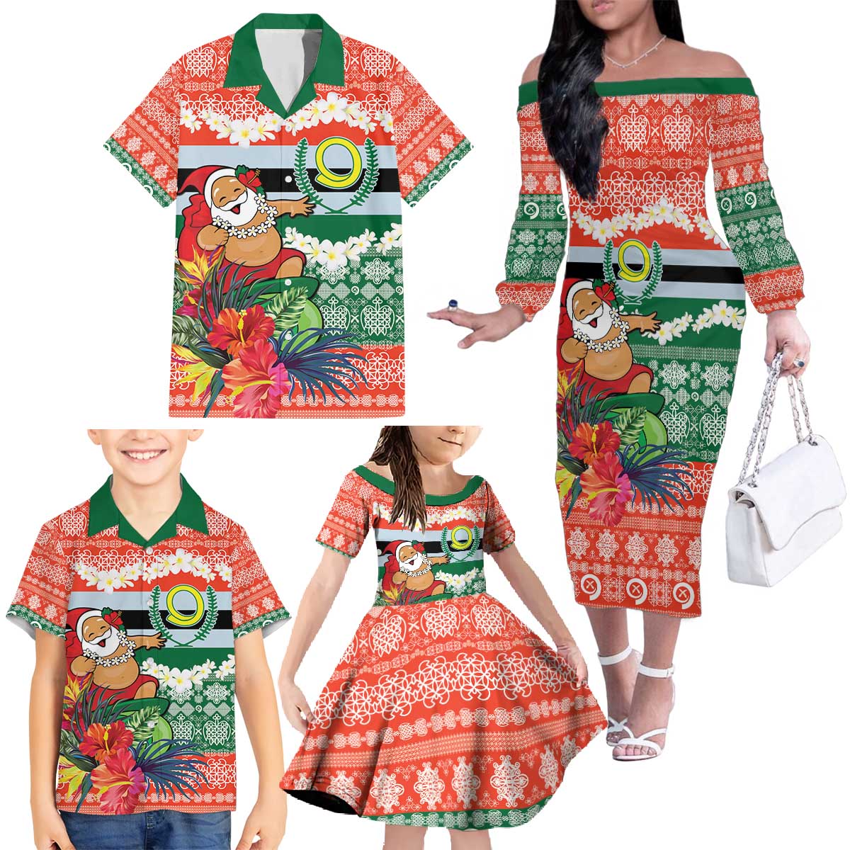 Personalised Penama Joyeux Noel Family Matching Off The Shoulder Long Sleeve Dress and Hawaiian Shirt Proud To Be a Ni-Van Sand Drawing Art LT9 - Polynesian Pride