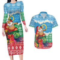 Personalised Sanma Joyeux Noel Couples Matching Long Sleeve Bodycon Dress and Hawaiian Shirt Proud To Be a Ni-Van Sand Drawing Art LT9 Blue - Polynesian Pride