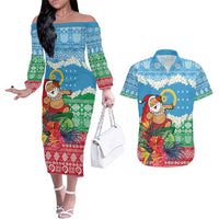 Personalised Sanma Joyeux Noel Couples Matching Off The Shoulder Long Sleeve Dress and Hawaiian Shirt Proud To Be a Ni-Van Sand Drawing Art LT9 Blue - Polynesian Pride