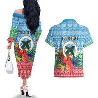 Personalised Sanma Joyeux Noel Couples Matching Off The Shoulder Long Sleeve Dress and Hawaiian Shirt Proud To Be a Ni-Van Sand Drawing Art LT9 - Polynesian Pride