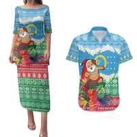 Personalised Sanma Joyeux Noel Couples Matching Puletasi and Hawaiian Shirt Proud To Be a Ni-Van Sand Drawing Art LT9 Blue - Polynesian Pride