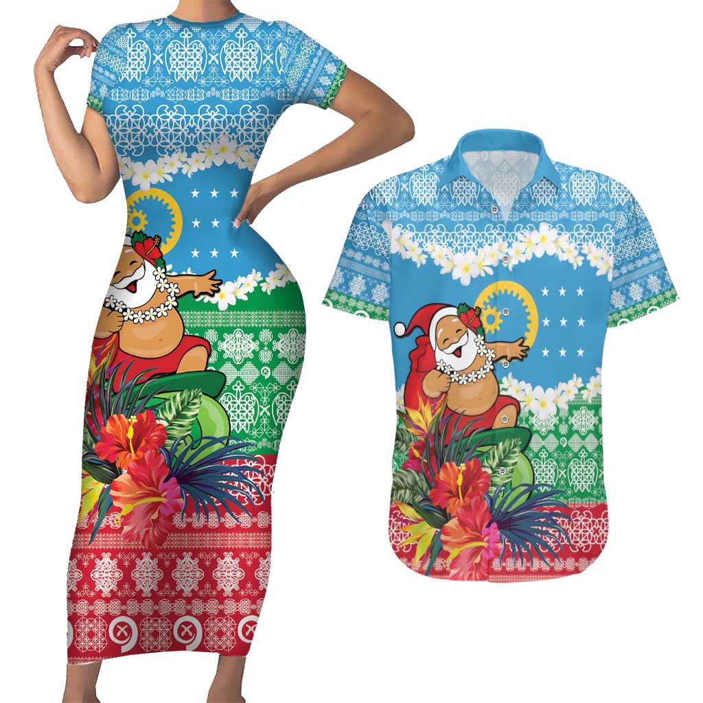 Personalised Sanma Joyeux Noel Couples Matching Short Sleeve Bodycon Dress and Hawaiian Shirt Proud To Be a Ni-Van Sand Drawing Art LT9 Blue - Polynesian Pride