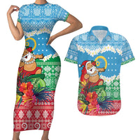 Personalised Sanma Joyeux Noel Couples Matching Short Sleeve Bodycon Dress and Hawaiian Shirt Proud To Be a Ni-Van Sand Drawing Art LT9 Blue - Polynesian Pride
