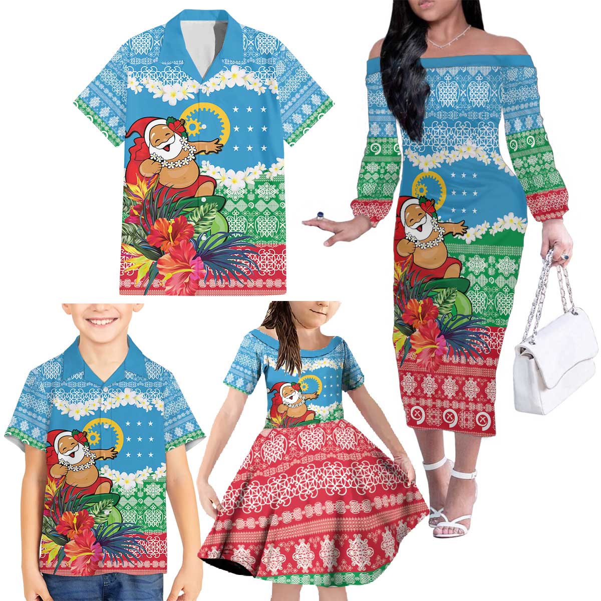 Personalised Sanma Joyeux Noel Family Matching Off The Shoulder Long Sleeve Dress and Hawaiian Shirt Proud To Be a Ni-Van Sand Drawing Art LT9 - Polynesian Pride