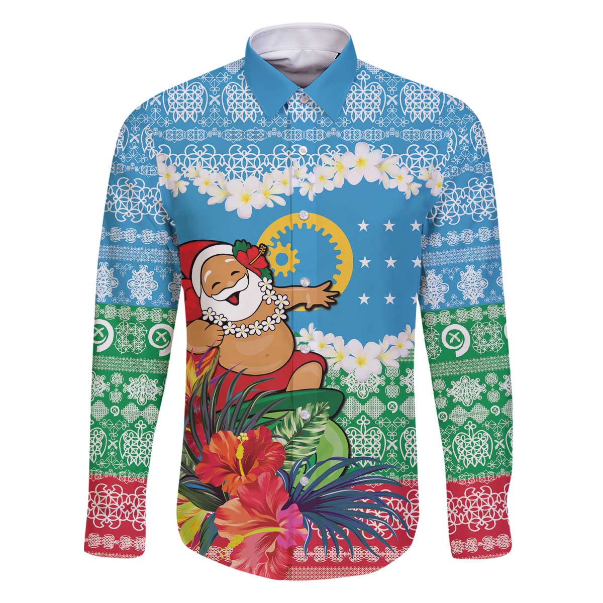 Personalised Sanma Joyeux Noel Family Matching Off The Shoulder Long Sleeve Dress and Hawaiian Shirt Proud To Be a Ni-Van Sand Drawing Art LT9 Dad's Shirt - Long Sleeve Blue - Polynesian Pride