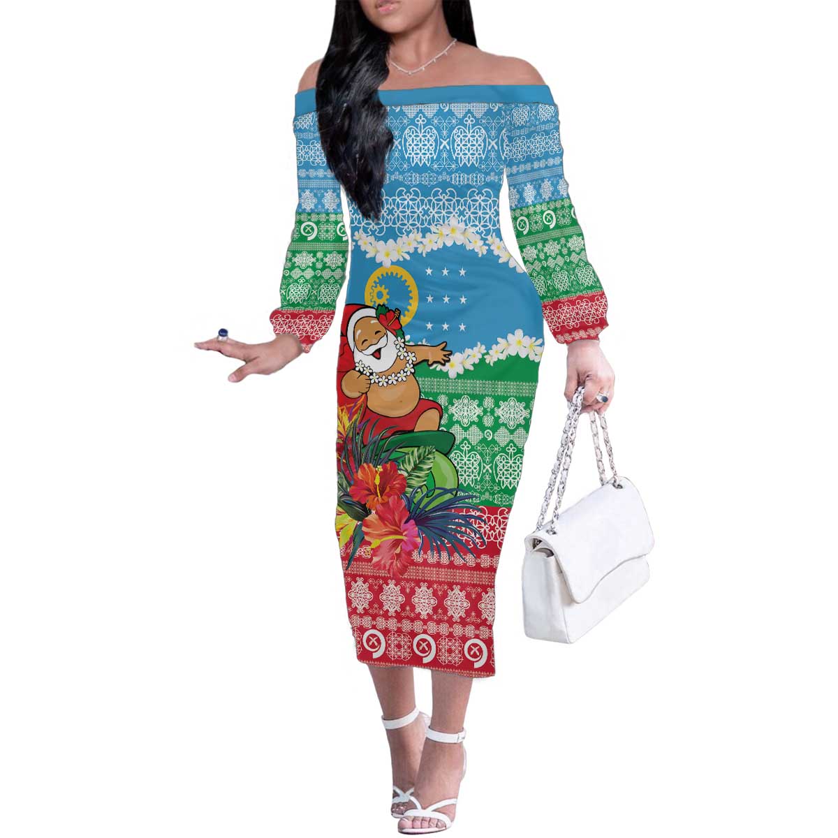 Personalised Sanma Joyeux Noel Family Matching Off The Shoulder Long Sleeve Dress and Hawaiian Shirt Proud To Be a Ni-Van Sand Drawing Art LT9 Mom's Dress Blue - Polynesian Pride