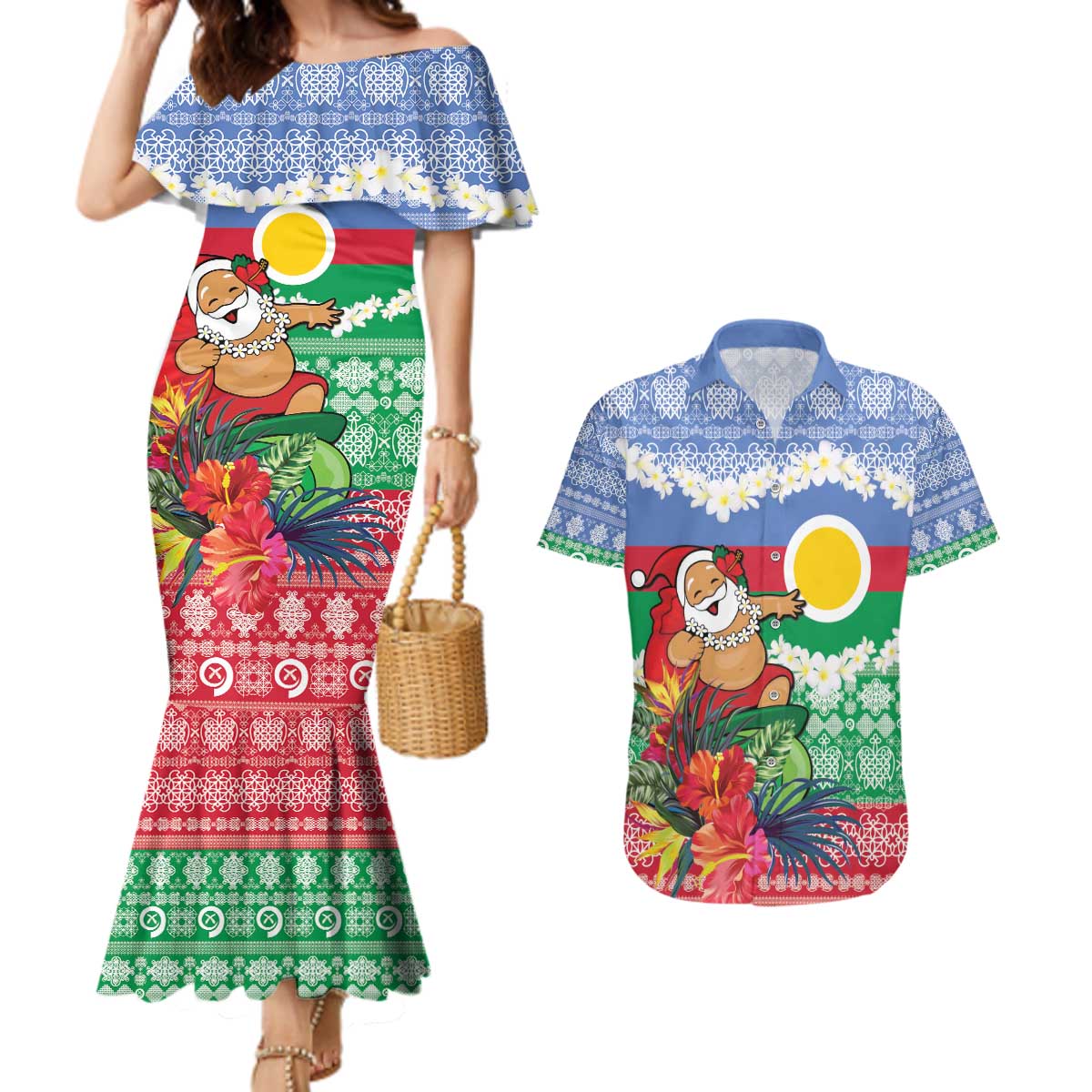 Personalised Shefa Joyeux Noel Couples Matching Mermaid Dress and Hawaiian Shirt Proud To Be a Ni-Van Sand Drawing Art - Polynesian Pride