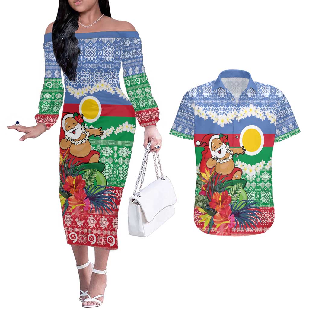 Personalised Shefa Joyeux Noel Couples Matching Off The Shoulder Long Sleeve Dress and Hawaiian Shirt Proud To Be a Ni-Van Sand Drawing Art LT9 Blue - Polynesian Pride