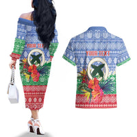 Personalised Shefa Joyeux Noel Couples Matching Off The Shoulder Long Sleeve Dress and Hawaiian Shirt Proud To Be a Ni-Van Sand Drawing Art LT9 - Polynesian Pride