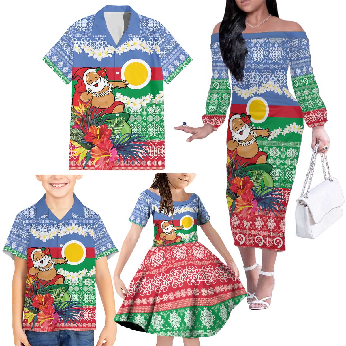 Personalised Shefa Joyeux Noel Family Matching Off The Shoulder Long Sleeve Dress and Hawaiian Shirt Proud To Be a Ni-Van Sand Drawing Art LT9 - Polynesian Pride