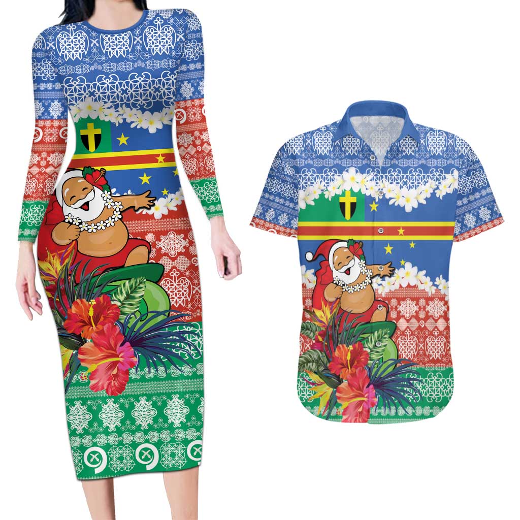 Personalised Tafea Joyeux Noel Couples Matching Long Sleeve Bodycon Dress and Hawaiian Shirt Proud To Be a Ni-Van Sand Drawing Art LT9 Blue - Polynesian Pride