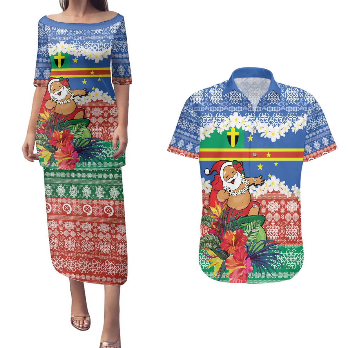 Personalised Tafea Joyeux Noel Couples Matching Puletasi and Hawaiian Shirt Proud To Be a Ni-Van Sand Drawing Art - Polynesian Pride