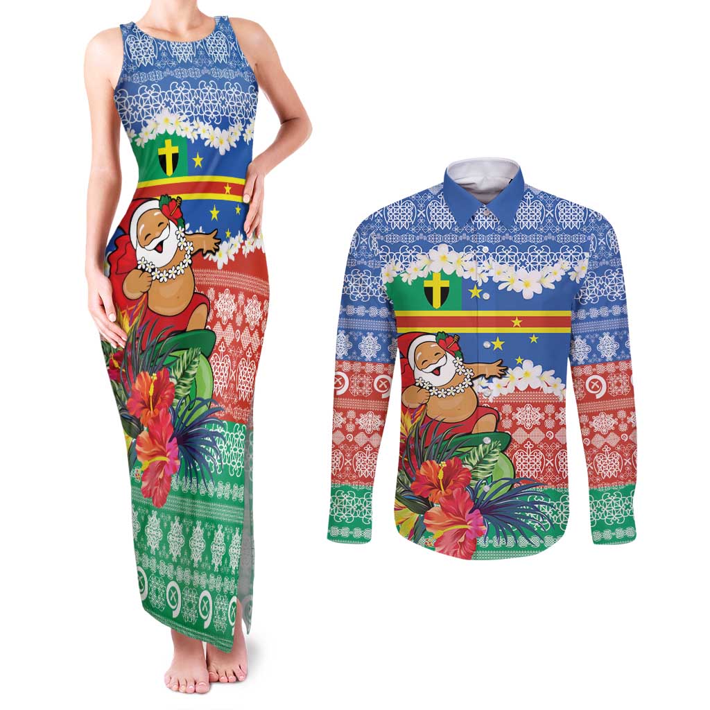 Personalised Tafea Joyeux Noel Couples Matching Tank Maxi Dress and Long Sleeve Button Shirt Proud To Be a Ni-Van Sand Drawing Art - Polynesian Pride
