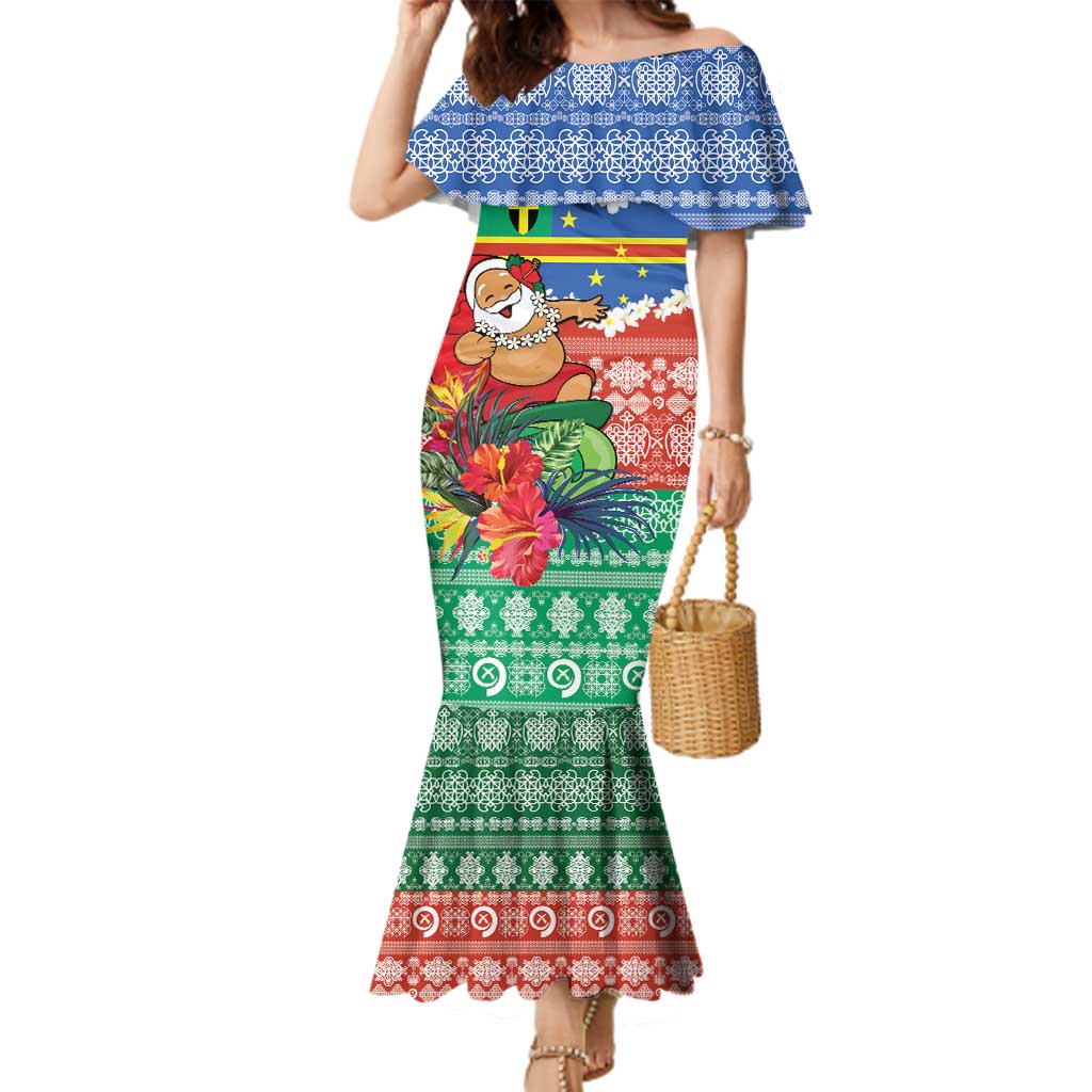 Personalised Tafea Joyeux Noel Family Matching Mermaid Dress and Hawaiian Shirt Proud To Be a Ni-Van Sand Drawing Art LT9 Mom's Dress Blue - Polynesian Pride
