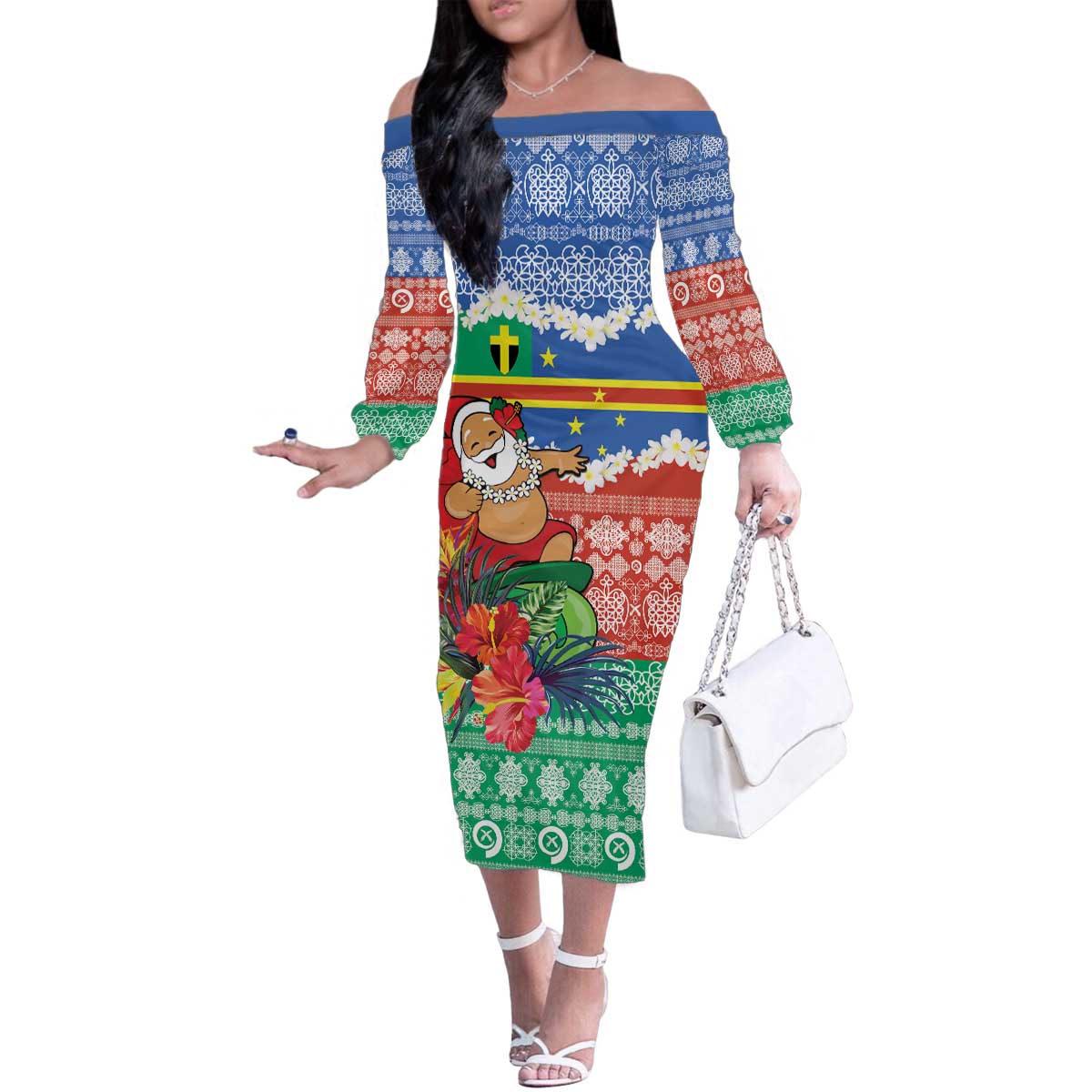 Personalised Tafea Joyeux Noel Family Matching Off The Shoulder Long Sleeve Dress and Hawaiian Shirt Proud To Be a Ni-Van Sand Drawing Art LT9 Mom's Dress Blue - Polynesian Pride