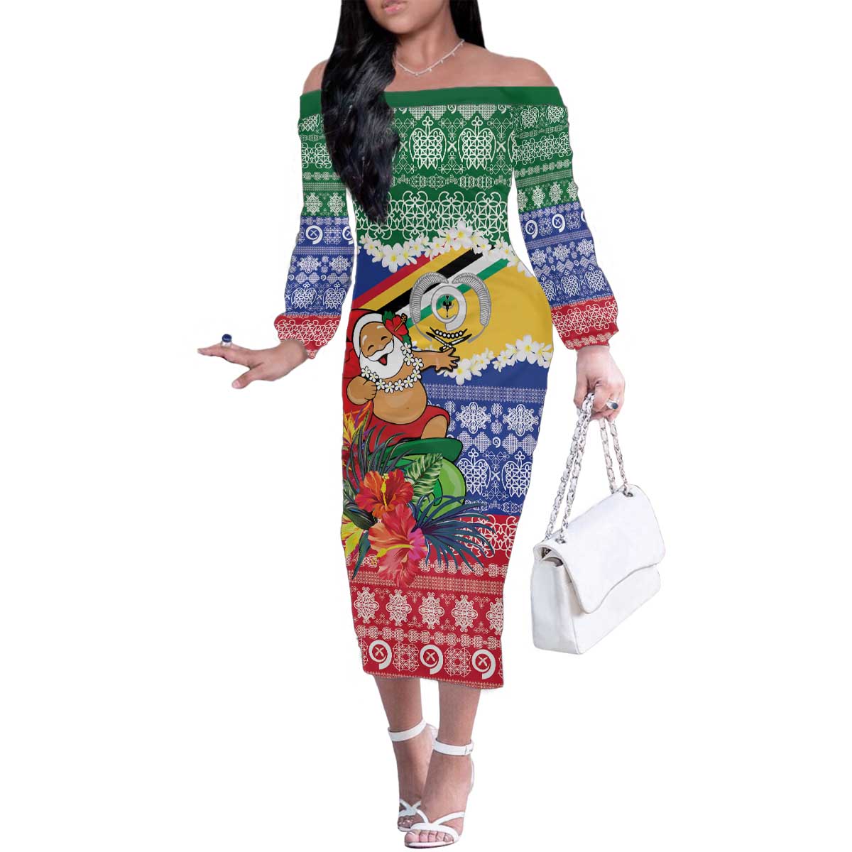 Personalised Torba Joyeux Noel Family Matching Off The Shoulder Long Sleeve Dress and Hawaiian Shirt Proud To Be a Ni-Van Sand Drawing Art LT9 Mom's Dress Green - Polynesian Pride