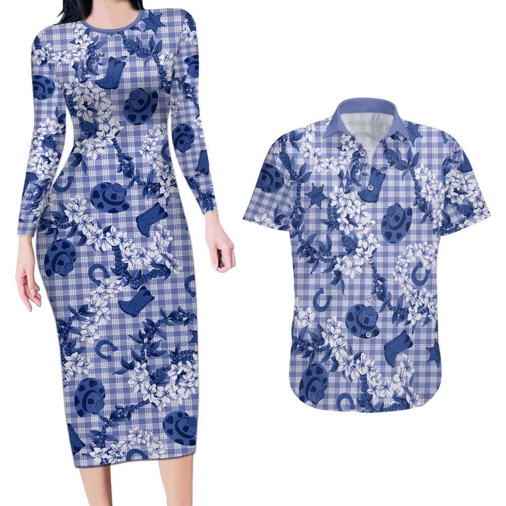 Mokihana Maile Ilima Leis Paniolo Palaka Couples Matching Long Sleeve Bodycon Dress and Hawaiian Shirt Hawaiian Polu Spirit LT9 Blue - Polynesian Pride