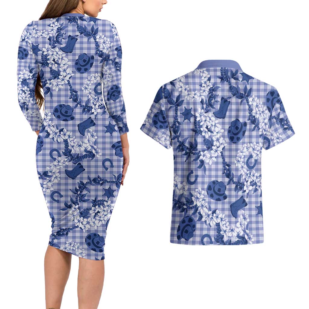 Mokihana Maile Ilima Leis Paniolo Palaka Couples Matching Long Sleeve Bodycon Dress and Hawaiian Shirt Hawaiian Polu Spirit LT9 - Polynesian Pride
