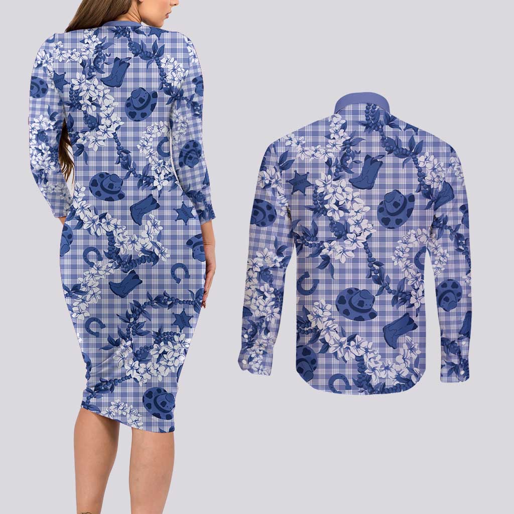 Mokihana Maile Ilima Leis Paniolo Palaka Couples Matching Long Sleeve Bodycon Dress and Long Sleeve Button Shirt Hawaiian Polu Spirit LT9 - Polynesian Pride
