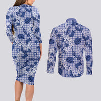 Mokihana Maile Ilima Leis Paniolo Palaka Couples Matching Long Sleeve Bodycon Dress and Long Sleeve Button Shirt Hawaiian Polu Spirit LT9 - Polynesian Pride
